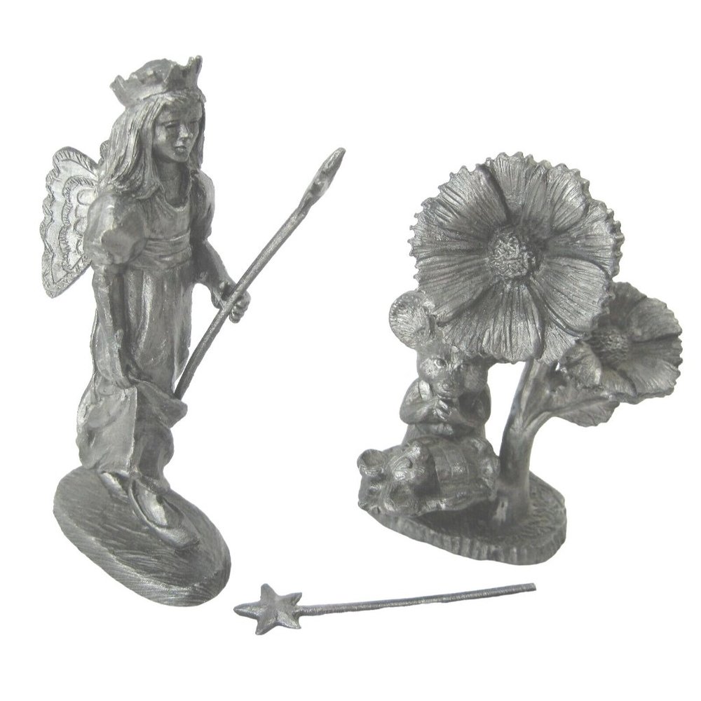 Michael Ricker Pewter 2 Figurine Flowers & Mice, Fairy With Crown Wand & Wings